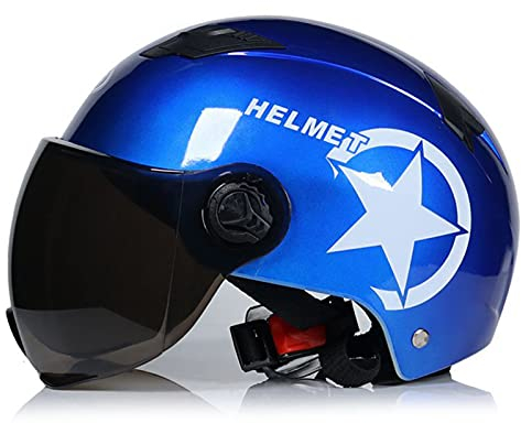 Erwachsene Motorrad Halbschalenhelm Motorrad Jethelm Für Kinder Jugend Männer Frauen Roller Sommer Unisex Vintage Jethelm DOT/ECE Zugelassen Mit Sonnenblende (55-62Cm),Blau
