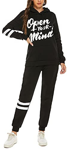 QUNERY Damen Trainingsanzug Elegant Jogginganzug Brief Sportanzug Hausanzug Tracksuit Mode Outfit Trainingjacke+Hose für Sport und Freizeit A-Schwarz XL