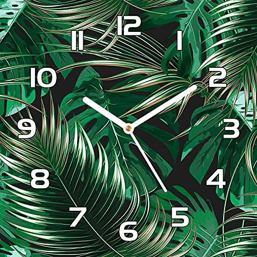 Coloray Glasuhr Wandkunst 30x30 cm - Weiße hände - Echtglas Küche Wohnzimmer Wanduhr Gehärtetem Glas - Blätter im Dschungel.
