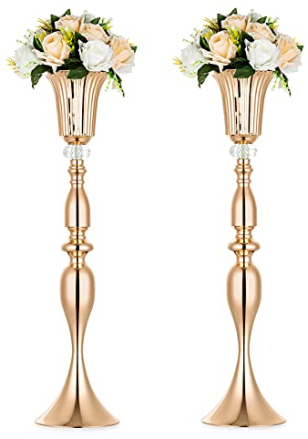 NUPTIO 2 Stück Goldene Vase für Blumen, Metall Bodenvase Gold mit Kristallperle, 74cm Hoch Blumenständer für Tischdekoration Herzstück Jubiläumsparty Geburtstagsveranstaltung Gang Dekoration