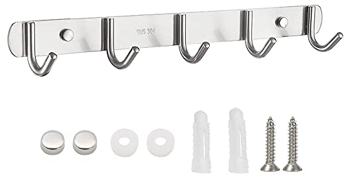 MiSevteen Hakenleiste Kleiderhaken Edelstahl 35cm 5 Gaderobe Haken Bademantelhaken mit Schrauben Dübeln und Schraubkappen Mehrzweckhaken für Badezimmer Küche Flur Schrank Schlafzimmer