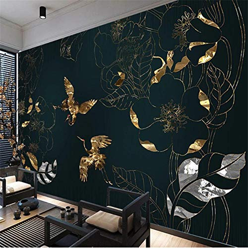 Großes benutzerdefiniertes Wandbild aus Golddraht Blume Kranich Land Flut Sofa Wohnzimmer Hintergrund Tapete-250x175cm