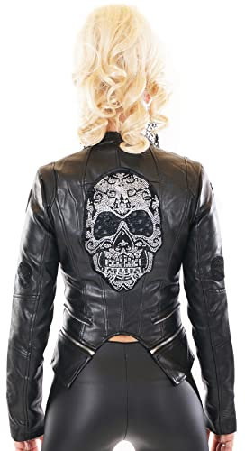 Zeralda Fashion Damen Biker Jacke Glitzer Totenkopf Kunstleder Leder Wet Look Skull S M L XL (XL, Schwarz)