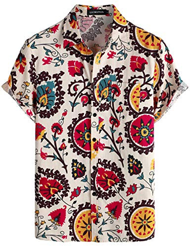 LucMatton Herren Leinen Traditionelle Muster Print Kurzarm Button Down Hawaiihemden, beige, 3XL