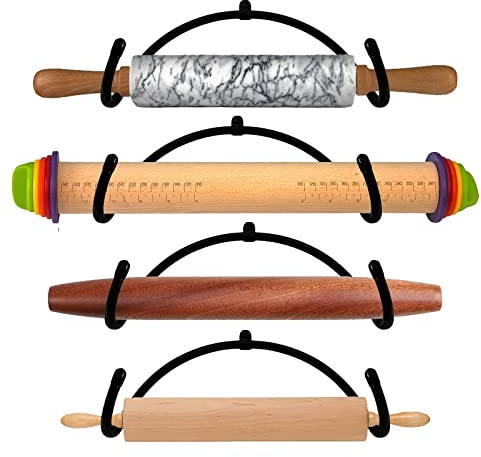 AUXPhome - Pack of 4 Rolling Pin Rack - Wall Mount Black Iron Bottle Rack - Multi-Purpose Organizer
