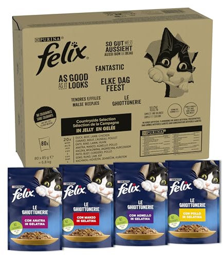 FELIX Le Ghiottonerie - Cibo Umido Gatto Adulto, Bocconcini in Gelatina con Manzo, Pollo, Anatra, Agnello. 80 Buste da 85 g