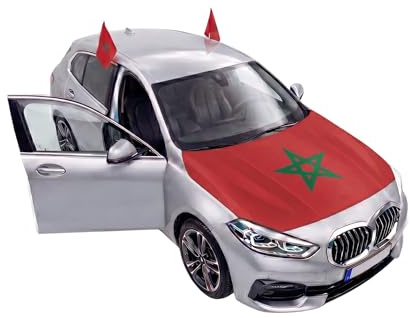 Auto Fahnen Marokko Set - Motorhauben Fahne & 2 Autofahnen für Fenster, Fußball Fanartikel FZG für EM & WM, Marokkanische Flagge Deko Set