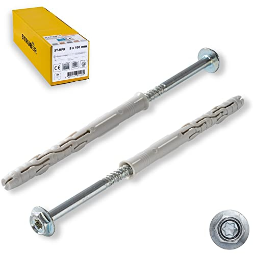 STRÜBER Rahmendübel mit Sechskantschraube & Scheibenkopf mit SW/TX-Buchse (8x80 mm / 100 Stück) Torx - Fensterrahmendübel - Langschaftdübel - Wandrahmenbefestigung - Nylondübel - ETA Zulassung