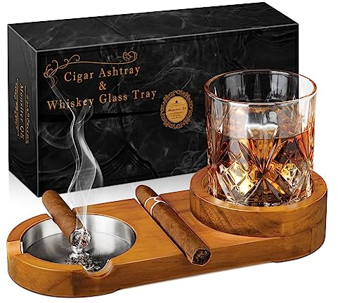 Monsiter Zigarren-Aschenbecher, Whiskey-Glas-Tablett und Zigarrenhalter für drinnen und draußen, Holz-Aschenbecher, abnehmbarer Aschenbecher für Zigaretten, Geschenke für Männer, Vater