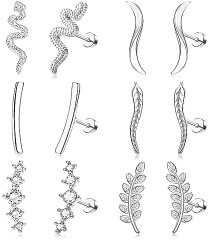 FIOROYAL 6 Paar 16G Helix Piercings Chirurgenstahl Ohrringe Damen Schlange Helix Piercing CZ Ohrpiercing Set Medizinische Ohrstecker Silber Conch Tragus Piercing Ohr Schmuck