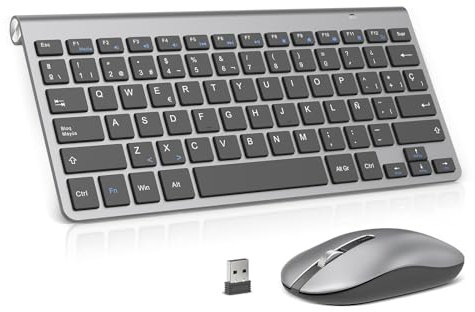 Teclado y ratón inalámbricos, PINKCAT 2.4G Set de Teclado Ultrafino y ratón ergonómico silencioso con 12 accesos directos Multimedia para Ordenador, PC, Tableta, Ordenador de sobremesa (Gris Oscuro)