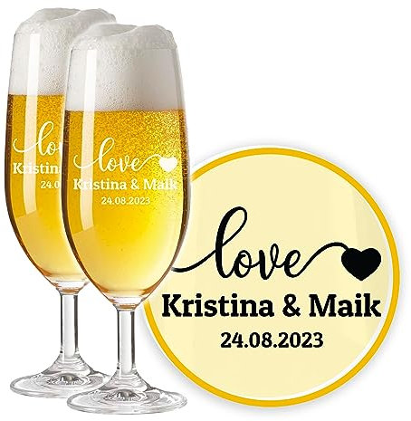 LALALO Leonardo Hochzeit Bierglas Geschenk-Set (2 St.) graviert, Biertulpe/Pilstulpe mit Gravur personalisiert als Hochzeitsgeschenk, Hochzeitstag, Standesamt (Loveheart)