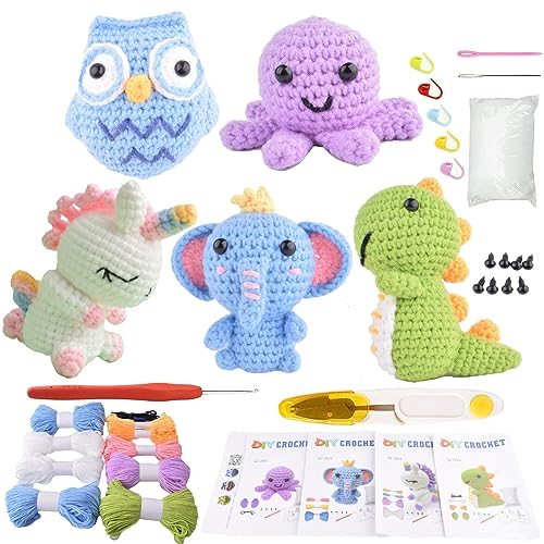 VINTAGE EMBROIDERY V.E. Tier-Häkelset, Häkel-Starter-Set für Anfänger, Erwachsene, komplettes DIY-Häkelset für 5 Tierpuppen, Stricken lernen, Bastelsets mit Anleitung und Video-Tutorials