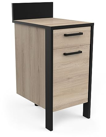 Demeyere Industrieller Küchenunterschrank mit Arbeitsplatte, 1 Schublade, 1 Tür – Komplettküche „Chili” – Farben Eiche hell & Schwarz matt – 44,3 x 60 x 100,6