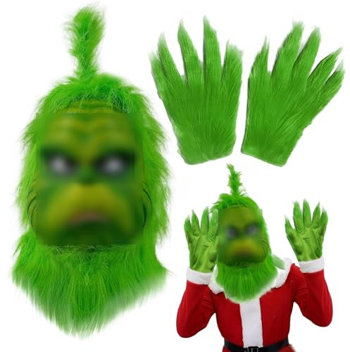 OPEIXSAYKOC Weihnachten Grün Monster Maske, Latex Maske mit Handschuhen, Latex Vollkopfmaske, Weihnachtsmann Maske, Weihnachten, Karneval, Halloween Cosplay Kostüm Zubehör
