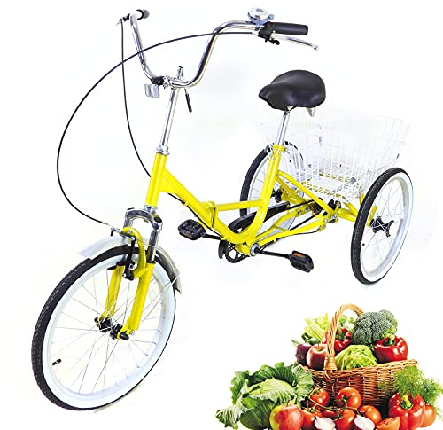 LUNICASHA 20 Zoll Klapprad Dreirad für Erwachsene Dreiräder Klappbar Erwachsenendreirad 20 Erwachsene Dreirad mit Gemüsekorb 3 Räder Fahrrad für Senioren Gelb