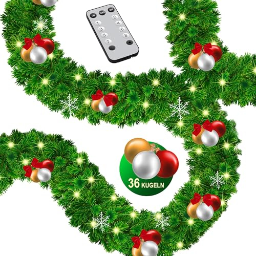 KESSER® Weihnachtsgirlande 5m mit Beleuchtung 100 LED's inkl Deko Fernbedienung - Timer - Lichterkette 7 Leuchteffekte - Weihnachtsbeleuchtung - In & Outdoor - Tannen-Girlande Weihnachtsdeko
