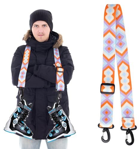 Ski Boot Strap, Verstellbar Ski Gurt mit 360°-Drehschnalle Skischultergurt Rollschuhleine Skizubehör zum Skifahren, Snowboarden(Lila-Blau)