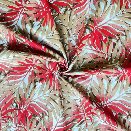 Textrend Baumwollstoff Stoffe Meterware - Stoff zum Nähen - 100% Baumwolle - Baumwollstoff mit Blättern - Stoffe Meterware (Palmenblätter rot-beige auf weißem Hintergrund)