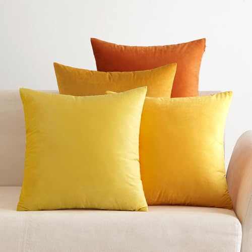 EMEMA Samt Kissenbezug 50x50 cm Kissenhülle Kopfkissenbezug Dekorative Dekokissen 4er Set Couchkissen Deko Bezug Sofakissenbezug für Wohnzimmer Schlafzimmer Büro Orange Serie