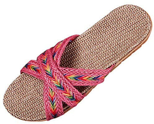 UnoSheng Scarpe da donna stivaletti con tacco da donna in lino, pantofole estive, scarpe da casa, casual, da donna, scarpe estive, sandali moderni, rosa intenso, 35 EU