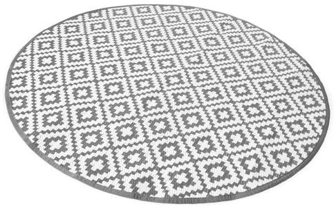 Dreamscene Round Outdoor Rug Geometric Trellis, Grey White Garden Mats Foldable Garden Outdoor Rugs Water Resistant Easy Storage Summer Patio Decking Reversible, 170cm