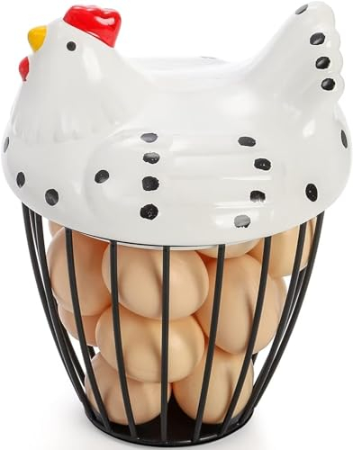 KLUFO Cesta de Huevos, huevera de cerámica, Cesta de Recogida de Huevos de sobremesa, hasta 20 Huevos Frescos, Recipiente Redondo de Alambre para Huevos de Estilo rústico de Granja