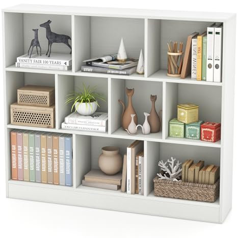 COSTWAY Wooden Cube Bookcase, 3 Tier Open Storage Shelving Unit with 10 Compartments and 2 Anti-Tipping Kits, Freestanding Display Bookshelf for Living Room, Bedroom and Study (White)