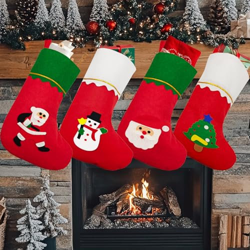 NOCHME Calcetines De Navidad Chimenea para Colgar 4 Tela No Tejida Personalizados Papá Noel, Muñeco De Nieve, Árbol De Navidad Medias Navideños Christmas Stocking Regalo Decoracion Navideña Rojo