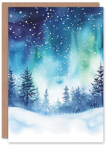 Artery8 Aurora Borealis Magical Snowy Winter Blank For Him Or Her Art Xmas Festive Christmas Card