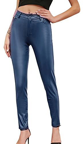 Fiacafyo Wet Look Faux Leather Leggings for Women Vintage Stretchy High Waist Slim Fit Shaping Butt Push Up Leather Trousers (A-Dark Blue, S)