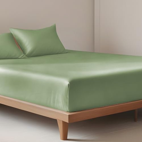 LINENWALAS Spannbettlaken aus 100% Tencel Lyocell 140 x 200 cm, Weiches, Kühlendes Seiden Bettlaken mit bis zu 40 cm Tiefen Taschen, Anti Allergische Eukalyptus Bettwäsche (140x200 cm, Salbeigrün)