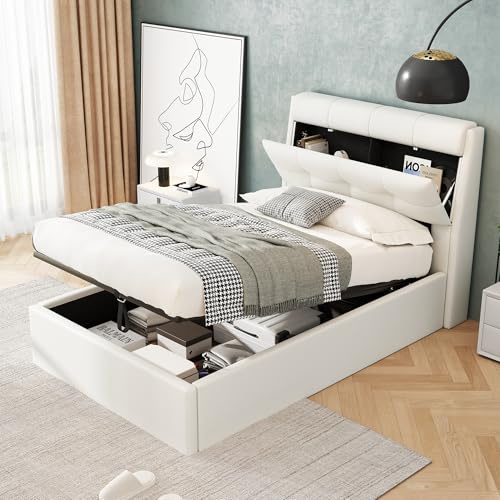 HOXINBLY Bett 90x200 mit Verdeckte Kopfteilablagel, Polsterbett 90x200 cm mit Stauraum und Kopfteil, Einzelbett mit Lattenrost, Stauraumbett Hydraulisches Jugendbett Modernes Bettgestell aus PU, Weiß