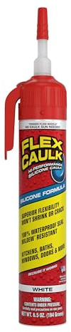 Flex Caulk, Silicone, Waterproof & Weatherproof Sealant, Strong, Indoor, Outdoor, Bath, Kitchen, Shower, Sink, Window, Baseboards, Door, RV, Roof, Wood, Glass, Tile, Marine, White, 6.5 oz, 1-Pack