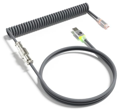 MAMBASNAKE C01ULTRA Spirale Tastatur Kabel, Typ C zu USB A Mit Abnehmbarem Metall Aviator, RGB Interface Beleuchtung, Spirale Tastatur Kabel USB C, 8KHz Rücklaufrate für PC Gaming Tastatur-Grau
