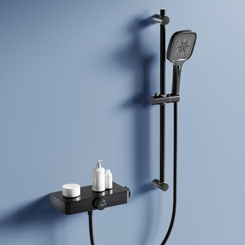 JONKEAN Duscharmatur mit Thermostat, Duscharmatur Komplettset mit Ablage, 70 cm Höhenverstellbar Duschstange mit Brause, 4 Strahlarten Duschkopf Rail kit mit 1,5m Schlauch (Stil B, Mattschwarz)