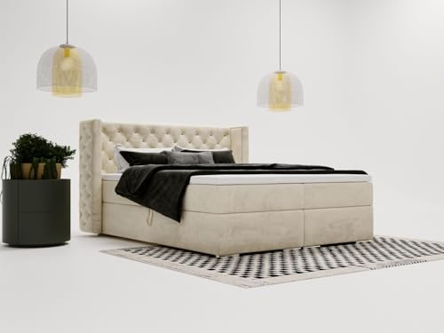 GRAINGOLD Lion Bett 140x200, Boxspringbett mit Bettkasten, Polsterbett mit Bonell-Matratze, Samt Stoff, mit Topper, mit Kopfteil (Beige, 140x200)