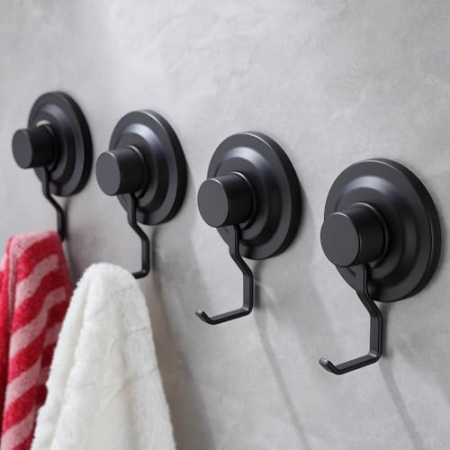 YIGII Handtuchhalter ohne Bohren, 4er Set Haken selbstklebend, Handtuchhaken, schwarz - Badezimmer saugnapf haken, funktionale Klebehaken, hohe Tragkraft - Wasserfeste Haken für Bad