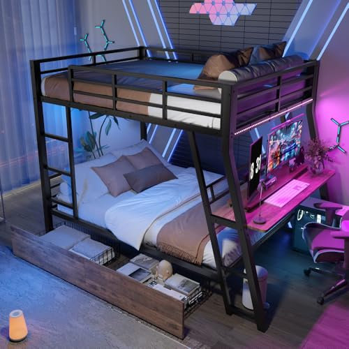 Zubaliya Lit Mezzanine 2 Place 140 x 200 cm avec Bureau,Bande LED et tiroirs,Lit superposé Enfant,Structure lit Enfant en Fer avec Rampe, escalier,sans Matelas,Noir (140x200)