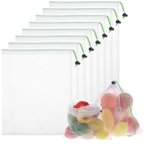 Mesh Bags,8 PCS Reusable Mesh Produce Bags with Drawstring Breathable Net Storage Bags for Fresh Vegetables Fruit & Grocery Shopping Washable See-Through Food Nets for Organisation