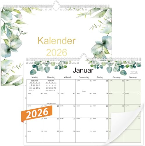 Kalender 2026 Wandkalender, Moseem Wandkalender im A4 Querformat(30 x 21 cm),Monatskalender von Jan 2026 bis Dez 2026,Familienplaner 2026 für Zuhause oder Büro(Grünes Blatt)