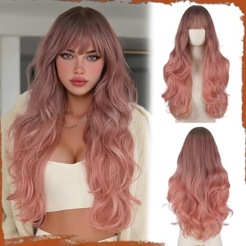 Sofeiyan Perücke Damen,60 cm Langhaarperücke Damen mit Pony | Gewellte Lange Perücken,Synthetische Haar für Täglich Partys Festliche Cosplay,Blond Rosa