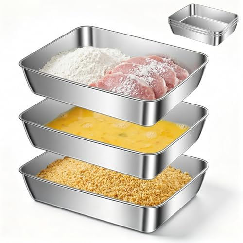 Juego de 3 Bandejas para Empanar Bandeja de Horno Acero Inoxidable Cuencos para Empanar Rectangular Metalica para Carne Filetes Croquetas Empanados (25 x 20 x 5 cm)