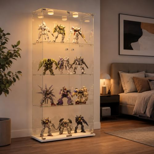WOBOPCG Glas Vitrinenschrank 4 Etagen 2 TüRen,Glasvitrine Standvitrine,Glasvitrine Stehend Led-Leuchten,Glasschrank Geeignet FüR Wohnzimmer,Schlafzimmer,BüRos und Bars,Weiß