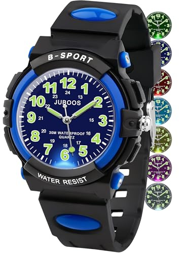 Juboos Montre Analogique pour Enfants avec 7 Veilleuses Colorées, Bracelet Étanche Et Souple, Montre À Quartz pour Enfants De 5 À 18 Ans, Montre Décontractée (Bleu Noir)