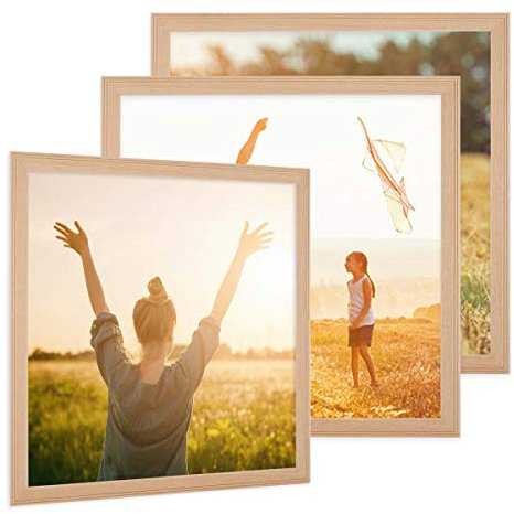 PHOTOLINI Bilderrahmen 20x20 cm Holz Natur Landhaus-Stil, 3er Set Holz-Rahmen, Made in Germany, Echtglas, zum Aufhängen, mit Zubehör - perfekt für Familienfotos & Urlaubsbilder