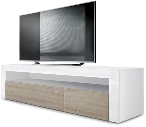 Vladon Mueble TV Valencia, Cómoda TV con 1 Compartimento Abierto y 2 Puertas abatibles, Blanco Mate/Roble áspero/Blanco de Alto Brillo (155 x 46 x 40 cm)
