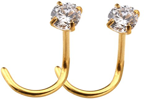 Jovivi 2pc 20G Stainless Steel Clear Cubic Zircon Nose Stud Curved L Shaped Screw Nose Ring Gold Nose Piercing Nose Studs For women Jewellery