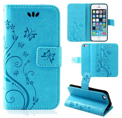 betterfon Hülle Kompatibel mit Apple iPhone 5 / 5s / SE | Premium PU Leder Handyhülle Wallet Case für iPhone 5 / 5s / SE | Schutzhülle Blumen Klapphülle Handyhülle | Blau