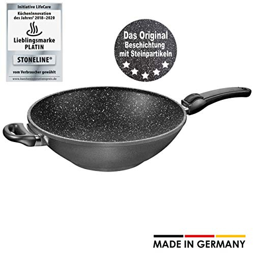 STONELINE Poêle Wok 32 cm, Made in Germany, avec Poignée Amovible, Compatible à l'induction et au Four, Revêtement Antiadhésif avec de vraies particules de pierre, Gris